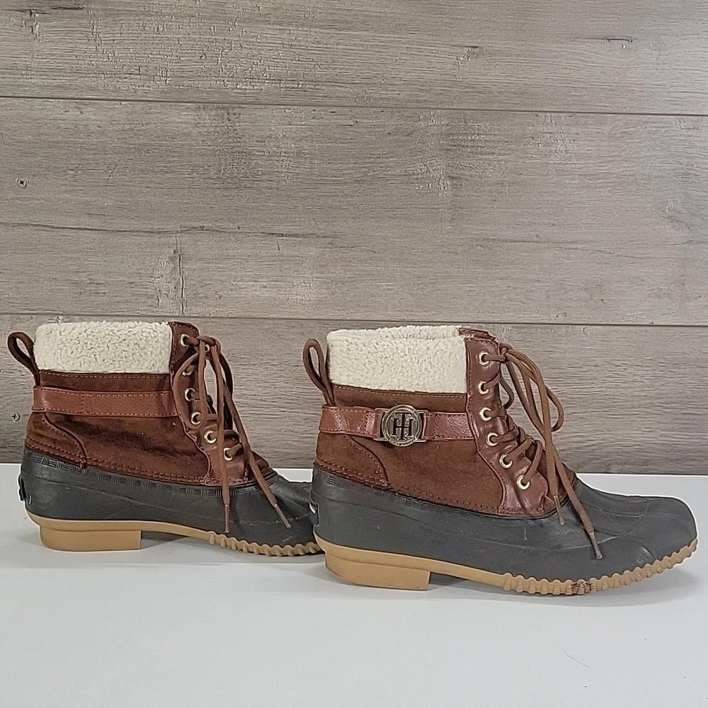 Toomy Hilfiger Brown Leather Lace-Up Winter Duck Boots Sz 8